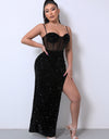 Sequin Spliced Mesh Adjustable Strap Dress