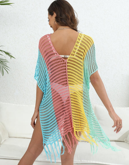 Fringe Color Block Scoop Neck Cover Up