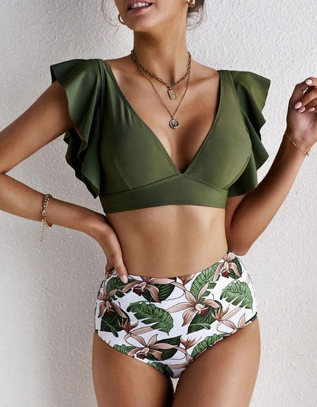 Ruffled Printed V-Neck Two-Piece Swim Set