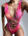 Lace-Up Backless Plunge One-Piece Swimwear