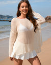 Openwork Slit Boat Neck Long Sleeve Cover-Up