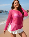 Openwork Slit Boat Neck Long Sleeve Cover-Up