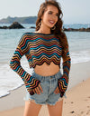 Striped Boat Neck Long Sleeve Cover Up