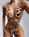 Lace-Up Backless Plunge One-Piece Swimwear