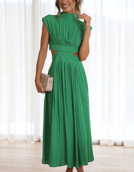 Cutout Mock Neck Sleeveless Ruched Dress