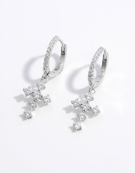 925 Sterling Silver Inlaid Zircon Cross Dangle Earrings