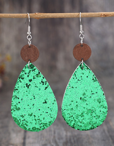 Sequin PU Leather Wooden Dangle Earrings