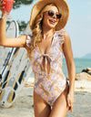 Cutout Animal Print Ruffled Wide Strap One-Piece Swimwear