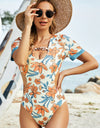 Cutout Printed Short Sleeve One-Piece Swimwear