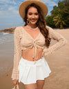 Drawstring Openwork Long Sleeve Cover-Up