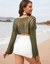 Openwork Boat Neck Long Sleeve Cover-Up