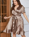 Plus Size Belted Ruffled Surplice Dress