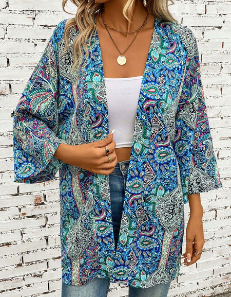 Printed Open Front Three-Quarter Sleeve Cover Up