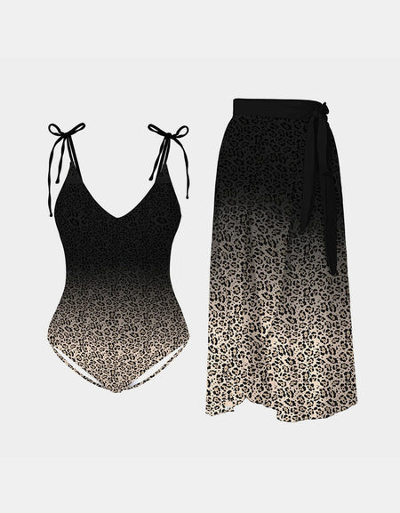 FAM-FAM Leopard Tie Shoulder Swimwear and Skirt Swim Set