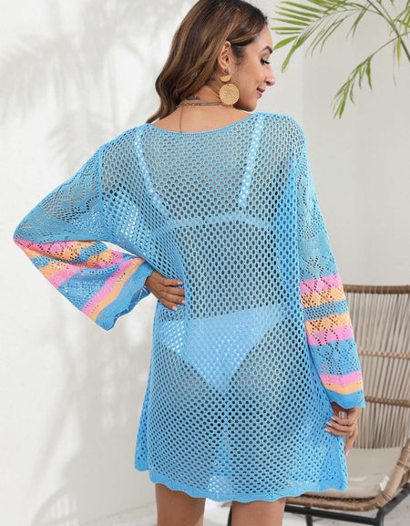 Openwork Contrast Long Sleeve Cover-Up