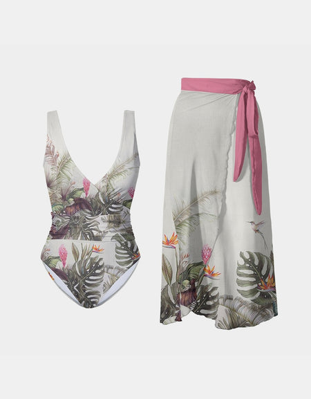 FAM-FAM Printed Surplice Wide Strap Swimwear and Skirt Swim Set