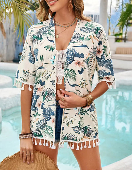 Tassel Printed Open Front Half Sleeve Cover-Up