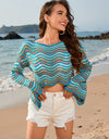 Striped Boat Neck Long Sleeve Cover Up