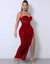 Sequin Spliced Mesh Adjustable Strap Dress