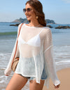 Openwork Slit Boat Neck Long Sleeve Cover-Up