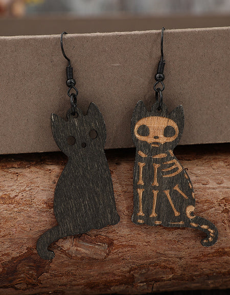 Alloy Hook Wooden Cat Earrings