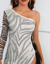 Zebra Print Rhinestone Slit Single Shoulder Dress