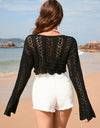 Drawstring Openwork Long Sleeve Cover-Up