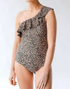 Full Size Ruffled Leopard Single Shoulder One-Piece Swimwear