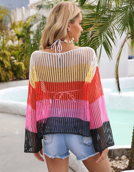 Angel Wings Color Block Openwork Boat Neck Cover Up