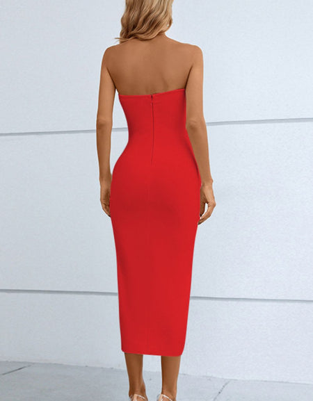 Cutout Strapless Drawstring Detail Split Bandage Dress