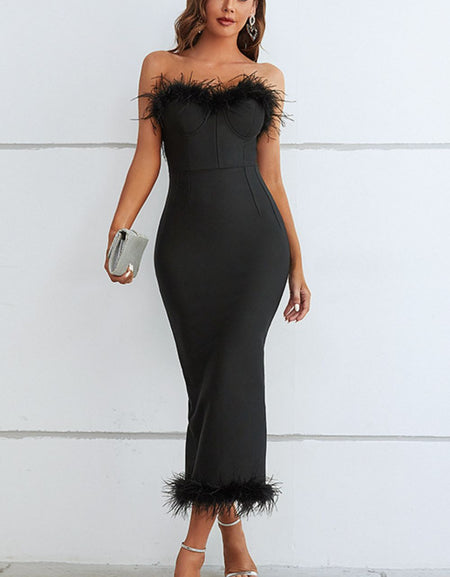 Feather Trim Strapless Sweetheart Neck Dress