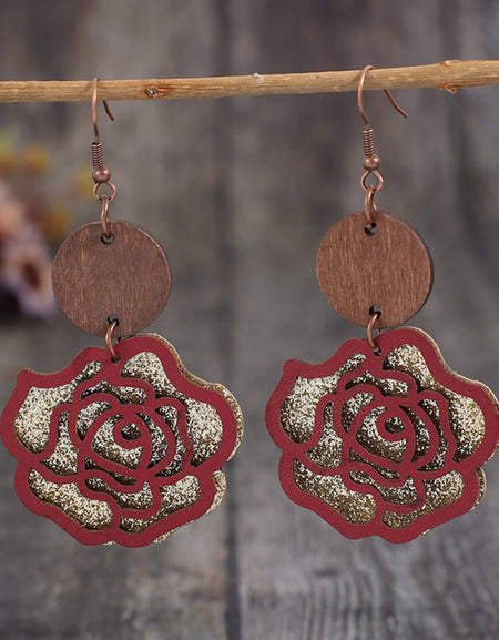 Wooden Alloy Rose Shape Dangle Earrings