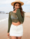 Openwork Boat Neck Long Sleeve Cover-Up