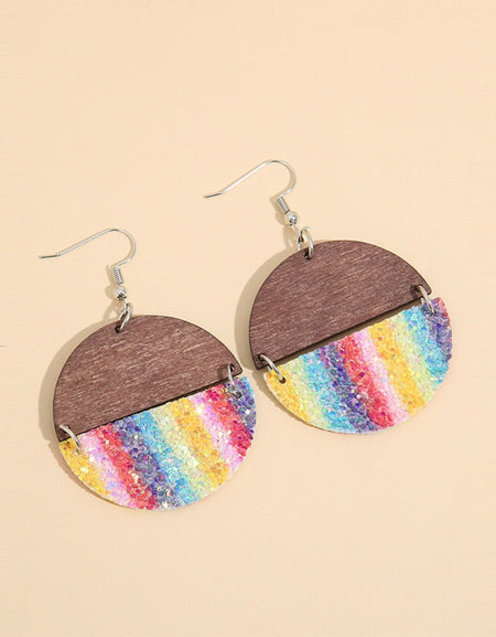 Sequin Wooden Round Dangle Earrings