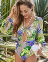 Cutout Printed Balloon Sleeve One-Piece Swimwear