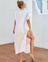 Slit Striped Notched Short Sleeve Cover Up