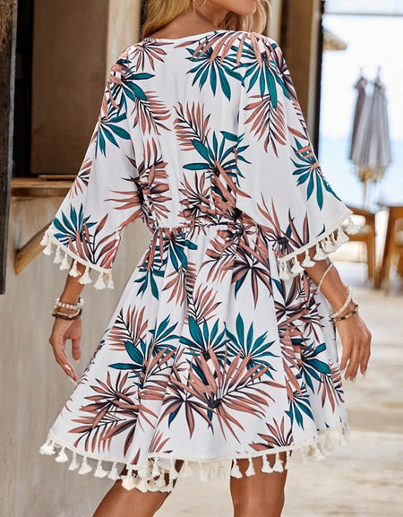 Tassel Tied Printed Half Sleeve Cover Up