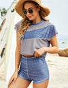 Tank, Color Block Round Neck Tee and Shorts Three-Piece Swim Set