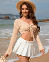 Drawstring Openwork Long Sleeve Cover-Up