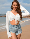 Drawstring Openwork Long Sleeve Cover-Up