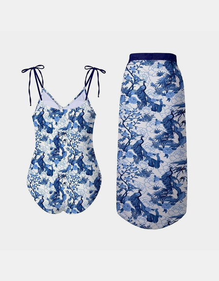 FAM-FAM Printed Tie Shoulder Swimwear and Skirt Swim Set