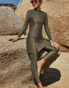 Slit Mock Neck Long Sleeve Top and Pants Swim Set