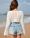 Drawstring Openwork Long Sleeve Cover-Up