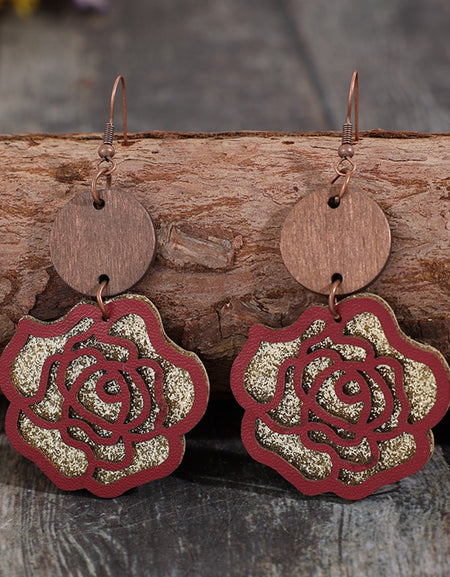 Wooden Alloy Rose Shape Dangle Earrings