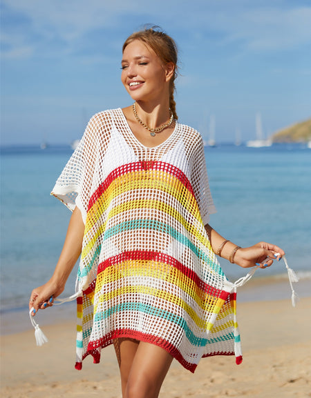 Angel Wings Cutout Striped Cover-Up with Tassel