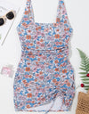 Drawstring Printed Wide Strap Swim Dress