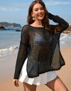 Openwork Slit Boat Neck Long Sleeve Cover-Up