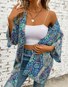 Printed Open Front Three-Quarter Sleeve Cover Up