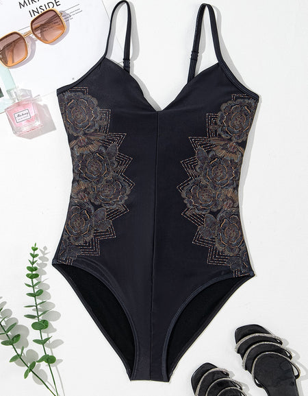 Embroidered V-Neck One-Piece Swimwear