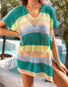 Angel Wings Openwork Striped V-Neck Short Sleeve Cover Up